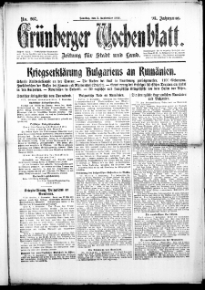 Gr&uuml;nberger Wochenblatt: Zeitung f&uuml;r Stadt und Land, No. 207. (3. September 1916)