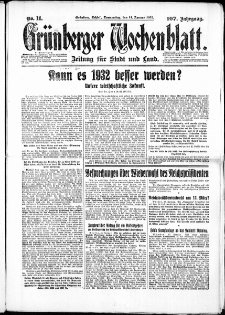 Grünberger Wochenblatt: Zeitung für Stadt und Land, No. 11. ( 14. Januar 1932)