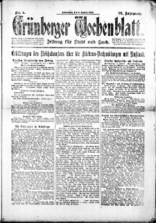 Grünberger Wochenblatt: Zeitung für Stadt und Land, No. 4. (5. Januar 1918)