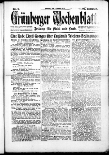 Gr&uuml;nberger Wochenblatt: Zeitung f&uuml;r Stadt und Land, No. 6. (8. Januar 1918)