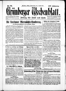 Gr&uuml;nberger Wochenblatt: Zeitung f&uuml;r Stadt und Land, No. 81. ( 7. April 1932)