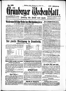 Gr&uuml;nberger Wochenblatt: Zeitung f&uuml;r Stadt und Land, No. 107. ( 9. Mai 1932)