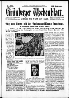 Grünberger Wochenblatt: Zeitung für Stadt und Land, No. 126. ( 1. Juni 1932)