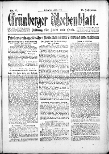 Gr&uuml;nberger Wochenblatt: Zeitung f&uuml;r Stadt und Land, No. 57. (8. M&auml;rz 1918)