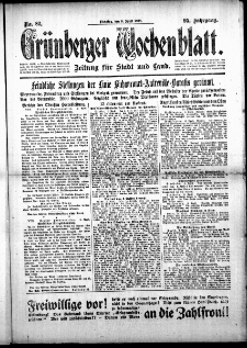 Gr&uuml;nberger Wochenblatt: Zeitung f&uuml;r Stadt und Land, No. 82. (9. April 1918)