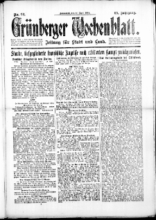 Grünberger Wochenblatt: Zeitung für Stadt und Land, No. 92. (20. April 1918)