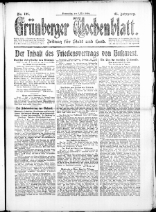 Gr&uuml;nberger Wochenblatt: Zeitung f&uuml;r Stadt und Land, No. 108. (9. Mai 1918)