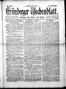 Gr&uuml;nberger Wochenblatt: Zeitung f&uuml;r Stadt und Land, No. 185. (9. August 1918)