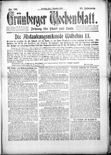 Gr&uuml;nberger Wochenblatt: Zeitung f&uuml;r Stadt und Land, No. 282. (1. Dezember 1918)