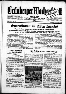 Gr&uuml;nberger Wochenblatt: Zeitung f&uuml;r Stadt und Land, No. 220. ( 21. September 1939)