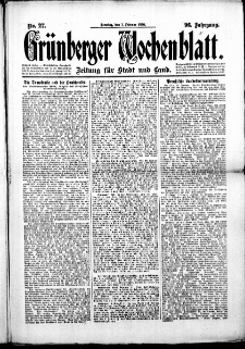 Grünberger Wochenblatt: Zeitung für Stadt und Land, No. 27. (1. Februar 1920)