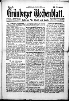 Gr&uuml;nberger Wochenblatt: Zeitung f&uuml;r Stadt und Land, No. 47. (25. Februar 1920)