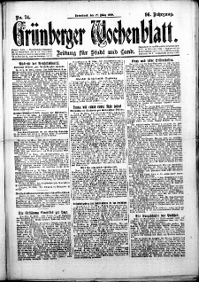 Grünberger Wochenblatt: Zeitung für Stadt und Land, No. 74. (27. März 1920)
