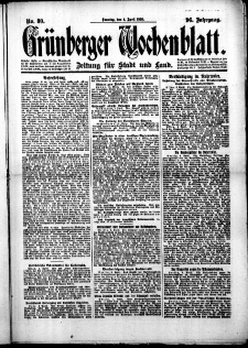 Gr&uuml;nberger Wochenblatt: Zeitung f&uuml;r Stadt und Land, No. 80. (4. April 1920)