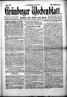 Gr&uuml;nberger Wochenblatt: Zeitung f&uuml;r Stadt und Land, No. 82. (8. April 1920)