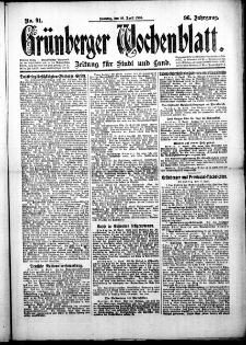 Grünberger Wochenblatt: Zeitung für Stadt und Land, No. 91. (18. April 1920)