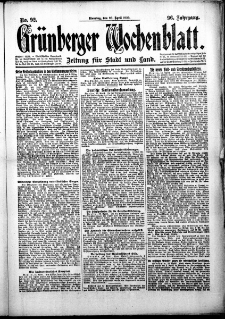 Gr&uuml;nberger Wochenblatt: Zeitung f&uuml;r Stadt und Land, No. 92. (20. April 1920)