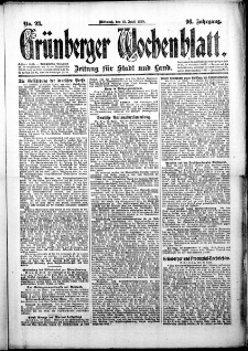 Grünberger Wochenblatt: Zeitung für Stadt und Land, No. 93. (21. April 1920)