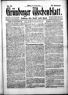 Gr&uuml;nberger Wochenblatt: Zeitung f&uuml;r Stadt und Land, No. 99. (28. April 1920)