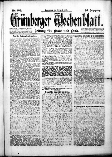 Gr&uuml;nberger Wochenblatt: Zeitung f&uuml;r Stadt und Land, No. 100. (29. April 1920)