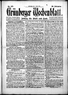 Gr&uuml;nberger Wochenblatt: Zeitung f&uuml;r Stadt und Land, No. 127. (2. Juni 1920)