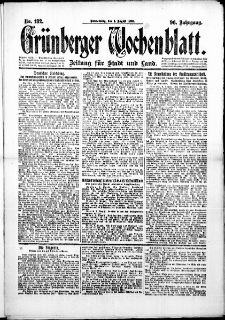 Gr&uuml;nberger Wochenblatt: Zeitung f&uuml;r Stadt und Land, No. 182. (5. August 1920)
