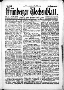 Gr&uuml;nberger Wochenblatt: Zeitung f&uuml;r Stadt und Land, No. 205. (1. September 1920)