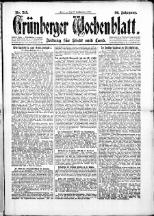 Gr&uuml;nberger Wochenblatt: Zeitung f&uuml;r Stadt und Land, No. 215. (12. September 1920)