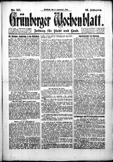 Gr&uuml;nberger Wochenblatt: Zeitung f&uuml;r Stadt und Land, No. 217. (15. September 1920)