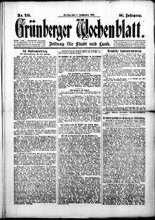Gr&uuml;nberger Wochenblatt: Zeitung f&uuml;r Stadt und Land, No. 219. (17. September 1920)