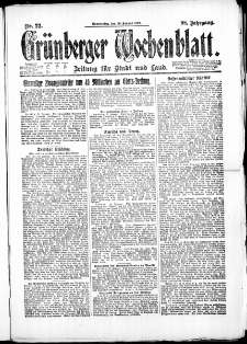 Gr&uuml;nberger Wochenblatt: Zeitung f&uuml;r Stadt und Land, No. 22. (26. Januar 1922)