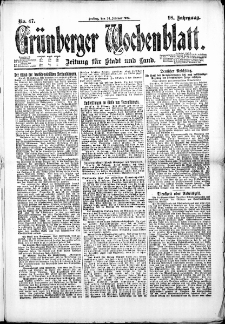 Gr&uuml;nberger Wochenblatt: Zeitung f&uuml;r Stadt und Land, No. 47. (24. Februar 1922)