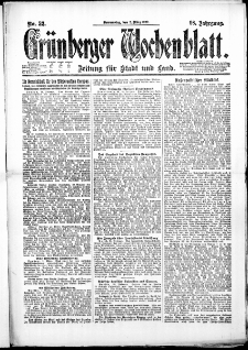 Gr&uuml;nberger Wochenblatt: Zeitung f&uuml;r Stadt und Land, No. 52. (2. M&auml;rz 1922)