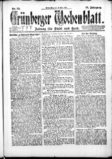 Grünberger Wochenblatt: Zeitung für Stadt und Land, No. 64. (16. März 1922)