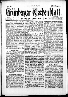 Grünberger Wochenblatt: Zeitung für Stadt und Land, No. 72. (25. März 1922)