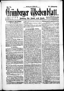 Gr&uuml;nberger Wochenblatt: Zeitung f&uuml;r Stadt und Land, No. 74. (28. M&auml;rz 1922)