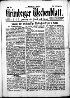 Grünberger Wochenblatt: Zeitung für Stadt und Land, No. 91. (19. April 1922)