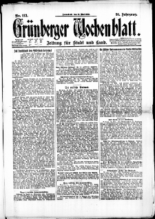 Gr&uuml;nberger Wochenblatt: Zeitung f&uuml;r Stadt und Land, No. 112. (13. Mai 1922)
