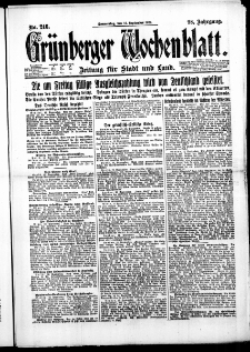 Gr&uuml;nberger Wochenblatt: Zeitung f&uuml;r Stadt und Land, No. 216. (14. September 1922)