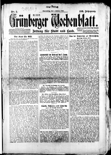 Gr&uuml;nberger Wochenblatt: Zeitung f&uuml;r Stadt und Land, Nr. 1. (1. Januar 1925)