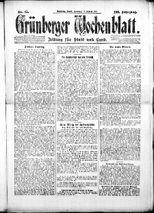 Gr&uuml;nberger Wochenblatt: Zeitung f&uuml;r Stadt und Land, Nr. 15. (18. Januar 1925)