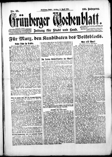 Gr&uuml;nberger Wochenblatt: Zeitung f&uuml;r Stadt und Land, Nr. 89. (17. April 1925)