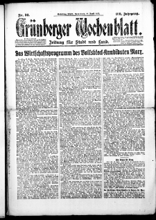 Gr&uuml;nberger Wochenblatt: Zeitung f&uuml;r Stadt und Land, Nr. 90. (18. April 1925)