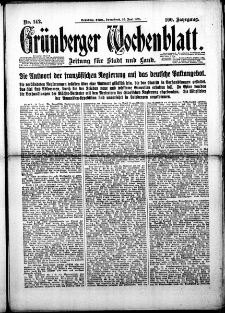 Gr&uuml;nberger Wochenblatt: Zeitung f&uuml;r Stadt und Land, Nr. 142. (20. Juni 1925)