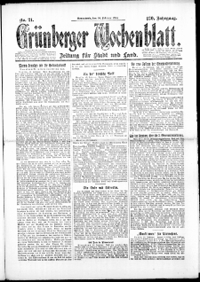Gr&uuml;nberger Wochenblatt: Zeitung f&uuml;r Stadt und Land, No. 21. (16. Februar 1924)