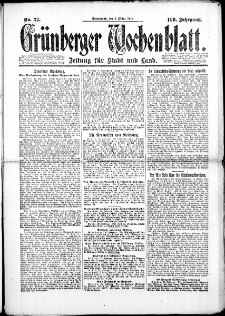 Gr&uuml;nberger Wochenblatt: Zeitung f&uuml;r Stadt und Land, No. 27. (1. M&auml;rz 1924)