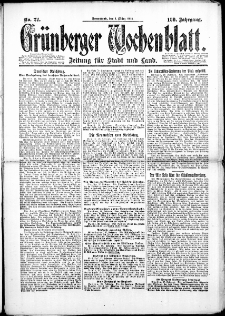 Grünberger Wochenblatt: Zeitung für Stadt und Land, No. 27. (1. März 1924)