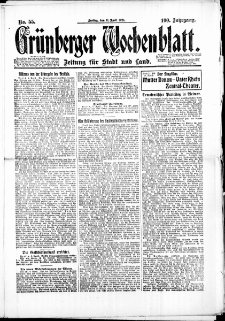 Gr&uuml;nberger Wochenblatt: Zeitung f&uuml;r Stadt und Land, No. 55. (11. April 1924)