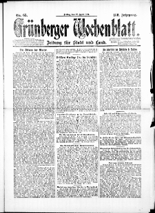 Gr&uuml;nberger Wochenblatt: Zeitung f&uuml;r Stadt und Land, No. 65. (25. April 1924)