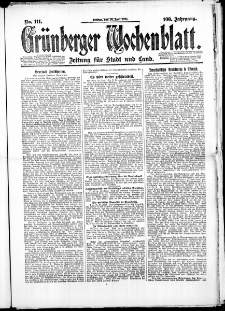 Gr&uuml;nberger Wochenblatt: Zeitung f&uuml;r Stadt und Land, No. 111. (20. Juni 1924)